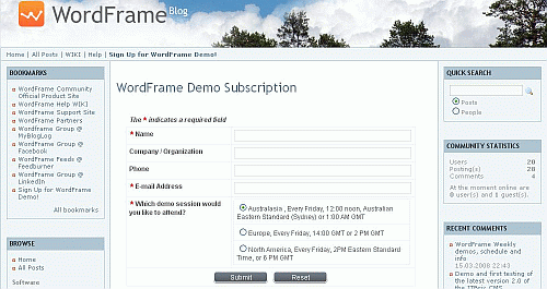 WordFrame demo signup page