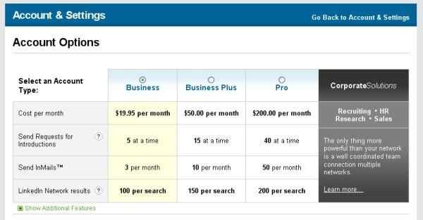 LinkedIn Account Options table