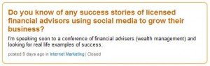 Screenshot of question on LinkedIn Answers about financial advisors and social media